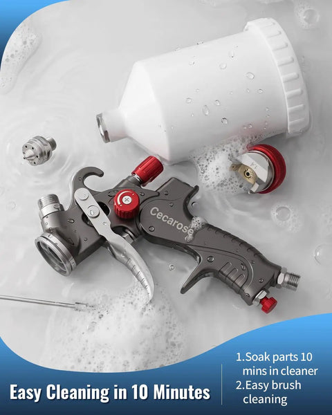 Heavy Duty HVLP Gravity Feed Paint Sprayer Gun With Adjustable Air Regulator for easy cleaning in soapy water.