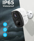 Outdoor Wireless Battery Powered Security Cameras 2 Pack Pro Kit With 2K FHD Video on wall in rain, showing IP65 waterproof