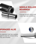 Needle roller bearings and upgraded axle for Hardcore Heavy Duty Cast Iron Caster Wheels With Slick Polyurethane Tread, 1000 Pound Load Rating.