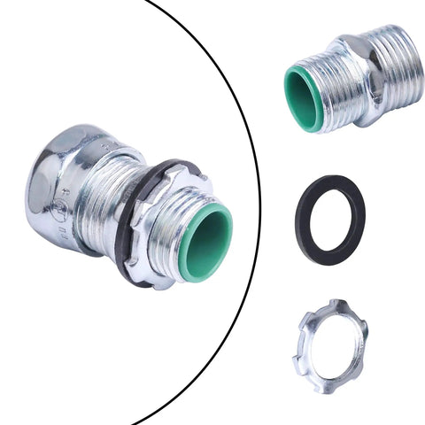 Ten Pack 1/2 Inch EMT Raintight Compression Connectors Zinc Plated Steel Insulated Waterproof Box Connector parts shown