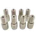 Eight chrome tire valve caps with knurled grip for high-pressure truck/car/RV tires (double-seal, flow-through) front view