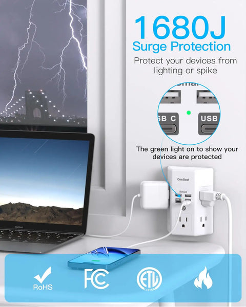 9 In 1 Surge Protector Wall Outlet Extender With Five AC Sockets And Four USB Ports 2 USB C 1680J Energy Absorption shown in use