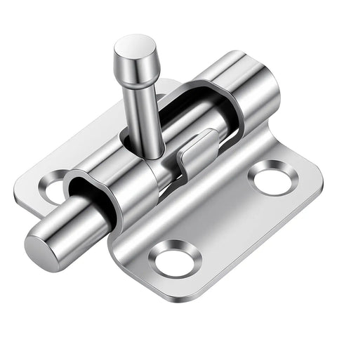 Close-up of Lock It Down Small Barrel Bolt Latch Set Silver Aluminum Slide Bolt Locks For Interior Doors Cabinets And Pet Gates.