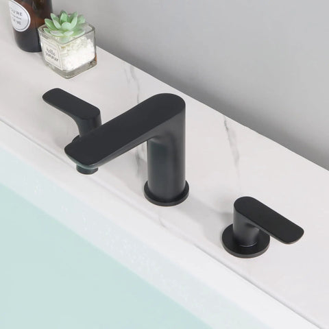 Matte Black 3 Hole Deck Mount Tub Faucet Set With Two Handles High Flow Brass Bath Filler Valve For Modern Bathrooms Easy Install And Durable Rust Resistant Finish For Your Home Spa Upgrade Dope on white countertop