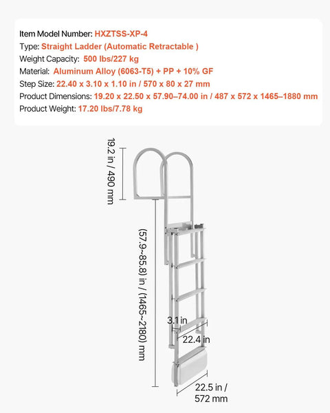 Retractable Dock Ladder With 5 Steps Aluminum Pontoon Swim Ladder Auto Lift Float Non Slip Wide Steps 500 Lb Weight Capacity Adjustable Height No Fuss Easy Install Ideal For Lake Pool And Boat, 22.4 in step width