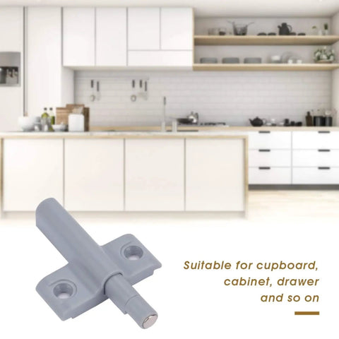 Ten Pack Silent Push Open Cabinet Door Catches With Sticky Bumpers To Keep Kitchen Cupboards Wardrobes And Drawers Closed Without Noise Or Hardware Damage For A Super Clean Modern Look in a modern kitchen setting.