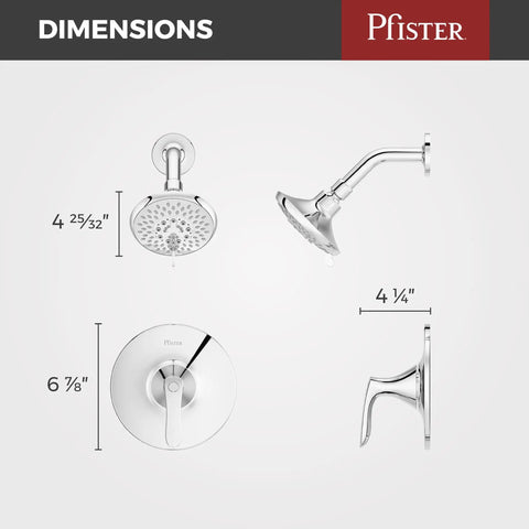 Dimensions of Single Handle Shower Trim Kit With Multi Function Shower Head Packed With Five Spray Modes in Polished Chrome