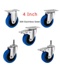 Heavy Duty Silent Swivel Casters Featuring Blue Tpr Rubber 4 Inch Stainless Steel Frame Built Tough For Carts And Furniture That Roll Smooth As Glass And Crushes Weight With Safe Brakes Daily - Set of 4 casters.