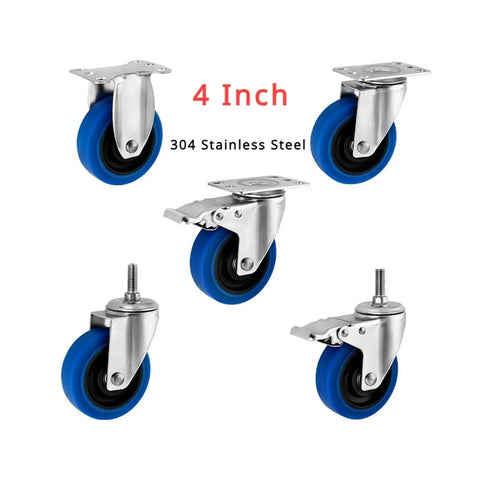 Heavy Duty Silent Swivel Casters Featuring Blue Tpr Rubber 4 Inch Stainless Steel Frame Built Tough For Carts And Furniture That Roll Smooth As Glass And Crushes Weight With Safe Brakes Daily - Set of 4 casters.