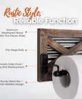 Close-up of Rustic Farmhouse Toilet Paper Holder wall mounted with weathered wood finish, fits mega rolls, anti-wobble design.