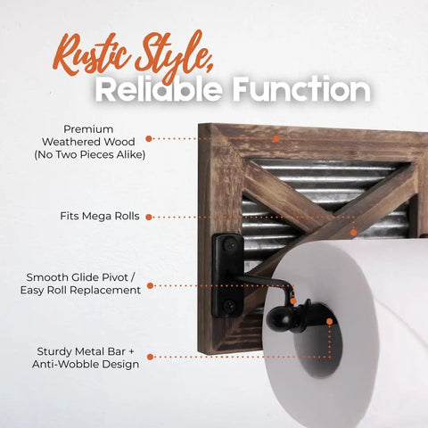 Close-up of Rustic Farmhouse Toilet Paper Holder wall mounted with weathered wood finish, fits mega rolls, anti-wobble design.