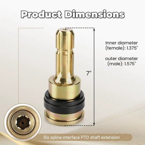 Heavy Duty Pto Shaft Extender Adapter For Tractors Smooth Hookup Quick Connect One Three Eighth Inch Six Spline Male To Female Coupler showing 7 inch dimensions with 1.375 inch inner and 1.575 inch outer diameters.