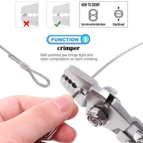 Close-up of using 2.2mm Wire Rope Crimping Tool Kit With 150Pcs 3 Size Aluminum Double Barrel Ferrule Sleeves for secure crimps.