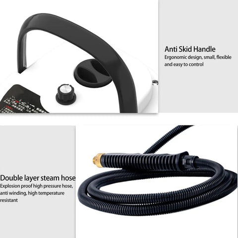 Heavy Duty 2500W Steam Cleaner with Hardcore Pressure and Acid Resistant Tank showcasing handle and steam hose features