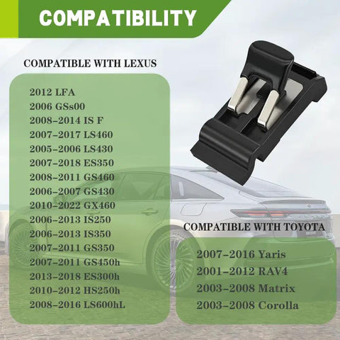 Fuel Door Spring For Toyota RAV4 Corolla Matrix Yaris And Lexus ES GS IS Models Replacement Gas Cap Spring Clip OEM 77360 30070 77360 30030 Easy Install Car Accessories shown with compatibility list.