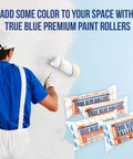 Person painting wall with True Blue paint roller next to packs of True Blue Premium Microfiber 18 Inch Paint Roller Covers