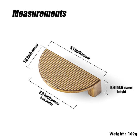 Antique Brass Zinc Alloy Cabinet Pulls 2.5 Inch Hole Center 64mm Striped Decorative Handles dimensions and weight view