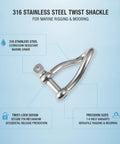 Marine Grade Twist Shackle 316 Stainless Steel Rigging Connector For Boat Mooring And Sailing Hardware With Corrosion Resistant Locking Pin Durable Saltwater Marine Gear, 1-6 inch