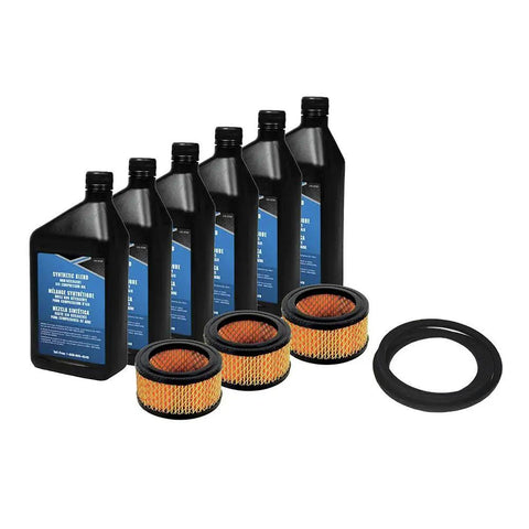 Two Stage 5 HP Air Compressor Kit with 6-quart oil, three replacement filters, and belt for home garage projects