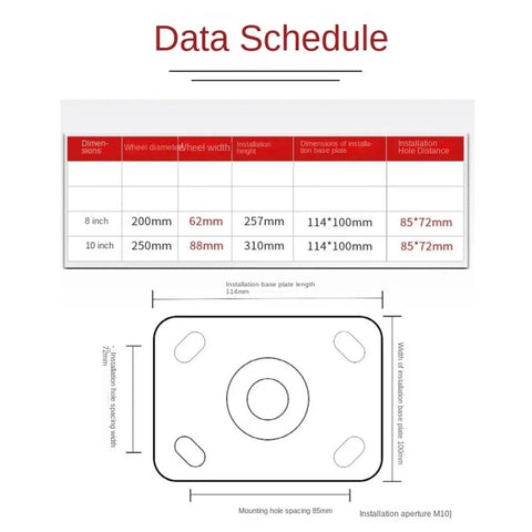 Data schedule for Badass 10 Inch Pneumatic Casters With Premium Quality Inflatable Rubber Tires dimensions and installation details.
