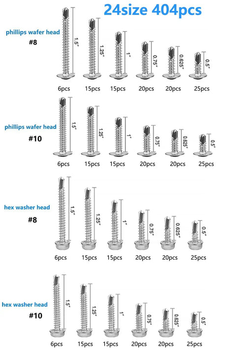 Bad Boys Self Drilling Screws Assortment Kit Packing 404 Pieces Of Tough Stainless Steel Tapping Fasteners showing various sizes of #8 and #10 screws.