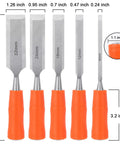 Heavy Duty 5 Piece Wood Chisel Set For Woodworking With Steel Hammer End And Ergonomic Plastic Handles Includes 6mm 12mm 18mm 24mm And 32mm Chisels For Precise Carving And Crafting, showing each chisel's size and orange handle.