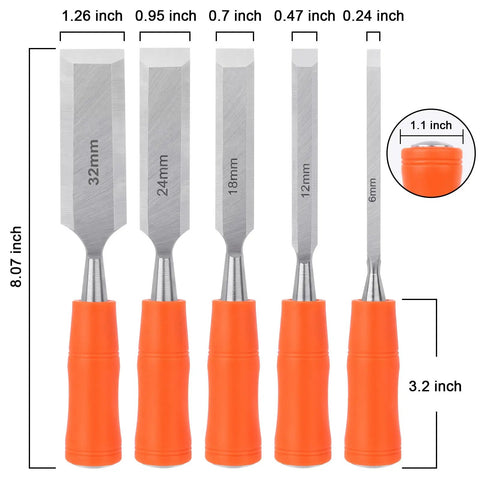 Heavy Duty 5 Piece Wood Chisel Set For Woodworking With Steel Hammer End And Ergonomic Plastic Handles Includes 6mm 12mm 18mm 24mm And 32mm Chisels For Precise Carving And Crafting, showing each chisel's size and orange handle.