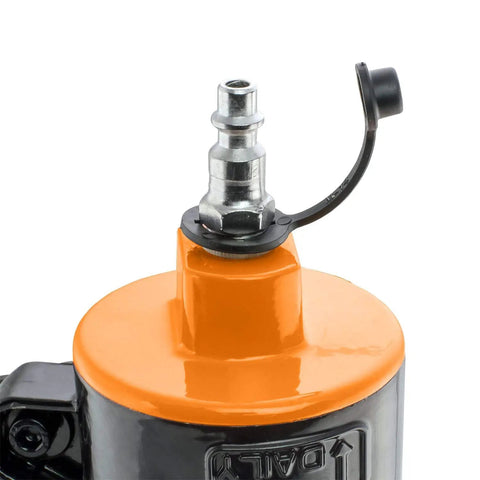 Close-up of air inlet on PSSCP 3 Inch Pneumatic Single Pin Concrete Nailer With Case, Heavy Duty Air Powered Nail Gun For Wood Steel And Concrete.