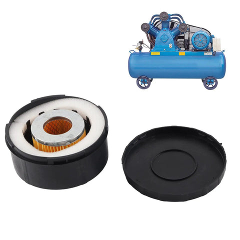 Air Compressor Filter Muffler For Three Quarters Inch Inlet 25 mm Thread 80 mm Diameter, shown with compressor and parts.