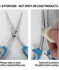Long Reach Needle Nose Pliers Seven Inches Slim Extra Long Nose with blue handles being wiped and oiled for maintenance.