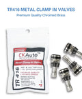 CKAuto TR416 metal clamp-in valve stems, outer mount, chrome brass, fits .453/.625 in rim holes, 1-1/2 in long, pack of 4