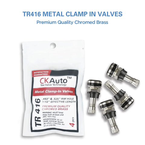 CKAuto TR416 metal clamp-in valve stems, outer mount, chrome brass, fits .453/.625 in rim holes, 1-1/2 in long, pack of 4