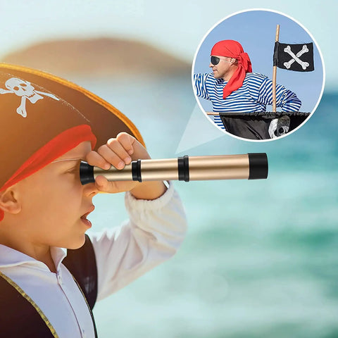 Child using Kid Friendly Pirate Telescope And Compass Kit near ocean, wearing pirate costume, telescope extended and detailed design.