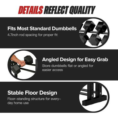 Three Tier Dumbbell Rack Stand For Home Gym With Adjustable Height And Space Saving Compact Design 1000 Lb Capacity Heavy Duty Weight Storage Durable Steel Rack, showcasing angled and stable floor design.