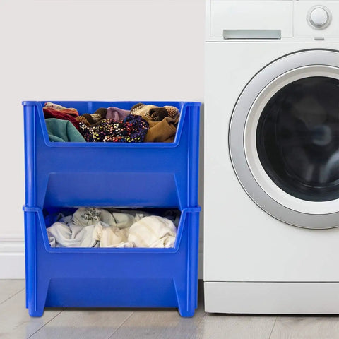 Blue stackable bins next to a washing machine for home organization; image does not show Heavy Duty Stackable Storage Bins For Garage And Closet Organization Open Front Plastic Organizer For Tools And Shelves 15 By 20 By 12 And A Half Inches Gray 3 Pack.
