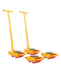 Premium 4 Pack Heavy Duty Machinery Mover Skates With 6 Ton Capacity, Solid Carbon Steel And PU Rollers For Factory Moves, bright yellow color with handles.