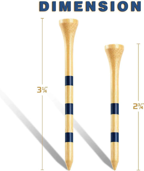 All Natural Bamboo Golf Tees Set 170 Pack With 120 Long Tees And 50 Short Tees Biodegradable Three And A Quarter Inch Built For Longer Straighter Drives And Less Friction On Every Tee - showing 3 1/4-inch and 2 3/4-inch bamboo tees with blue stripes.