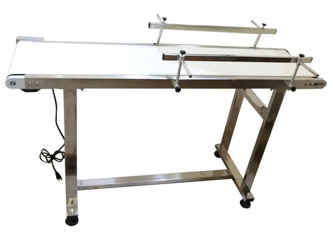 PVC Flat Conveyor Belt System With Stainless Steel Frame And Double Guardrails For Industrial Transport, 53 Inch Length, 11.8 Inch Belt Width, 0.08 Inch White PVC Belt, Heavy Duty Workhorse Yet Lightweight, Supports Up To 11 Lbs