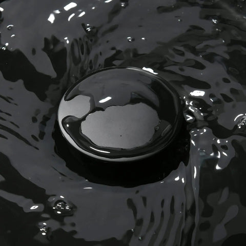Matte Black 16 By 12 Inch Vessel Sink And Faucet Combo For Above Counter Vanity With Modern Square Rectangle Basin Porcelain Ceramic Durable Construction Includes Pop Up Drain, close-up of pop-up drain with glossy water surface