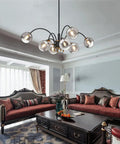Mid Century 8 Light Glass Globe Sputnik Chandelier in Black for Living Room and Dining Room Modern Ceiling Pendant Lighting