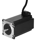 NEMA 23 stepper motor, black aluminum body with silver front plate, 100mm long with attached cable.
