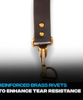 Oil Tanned Leather Tool Belt Suspenders For Men With Heavy Duty Padded Support And Adjustable Chest Strap Built For The Work Site Carpenters And Handyman Pros, close-up of reinforced brass rivets
