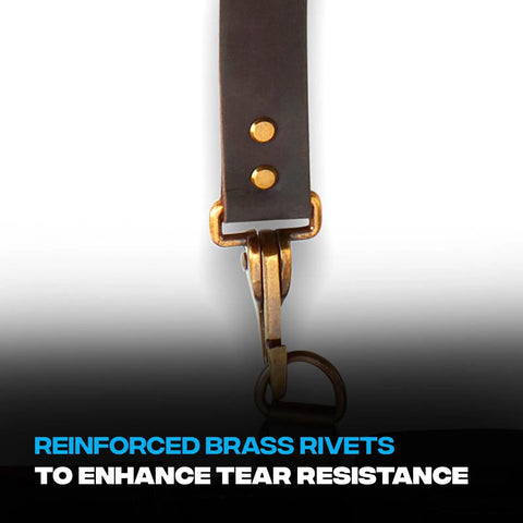 Oil Tanned Leather Tool Belt Suspenders For Men With Heavy Duty Padded Support And Adjustable Chest Strap Built For The Work Site Carpenters And Handyman Pros, close-up of reinforced brass rivets