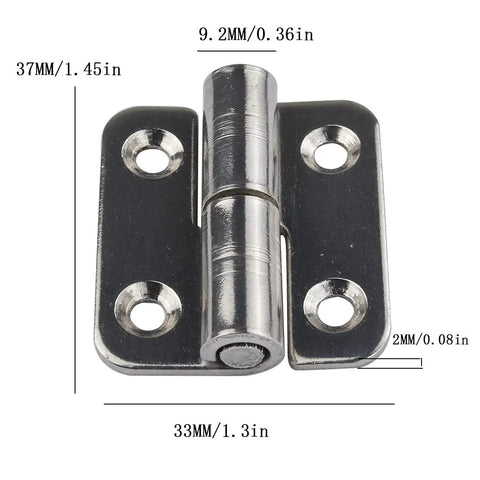 Top Shelf Slick 1.5 Inch Detachable Hinges Pack Of 6 304 Stainless Steel with dimensions showing 37x33x2mm for cabinets and gates.