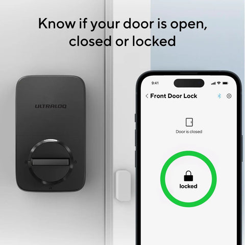 Z Wave 5 in 1 Keyless Smart Lock With Door Sensor And Remote Access displayed next to mobile app showing locked status