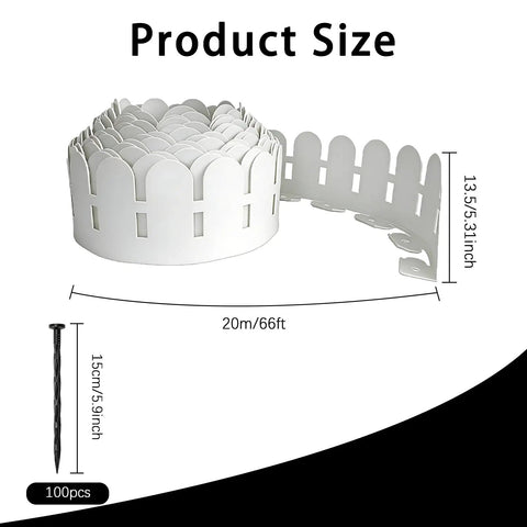 66 Feet Long Five Point Five Inch High Landscape Edging Border With 100 Spikes Flexible Plastic No Dig For Flower Beds Lawn Yard And Pathway White Durable Garden Edging Kit Easy Install shown in coil with size specifications