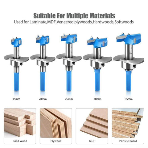 Carbide hinge boring bit set with five blue-handled bits (15mm–35mm) for drilling laminate, plywood, hardwoods and softwoods.
