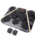 Compact Electronic Digital Drum Kit With Eight Responsive Pads And Kick Pedal Dropping Six Hundred Top Shelf Sounds USB MIDI integration and foot pedals.