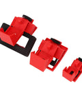 Beefy Heavy Duty Circuit Breaker Lockout Kit Single Pole Clamp On Nylon Hardware 12 Pcs in red and black, three sizes shown