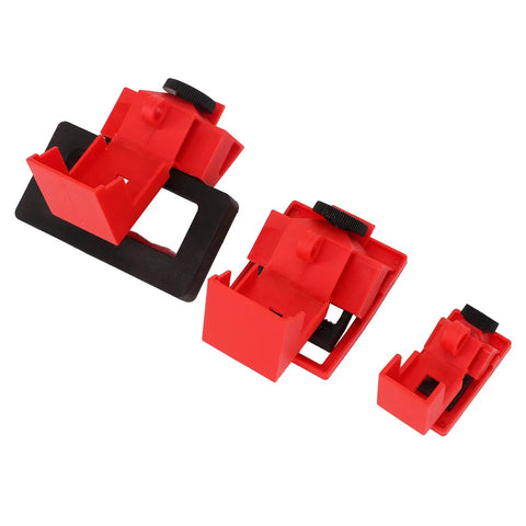 Beefy Heavy Duty Circuit Breaker Lockout Kit Single Pole Clamp On Nylon Hardware 12 Pcs in red and black, three sizes shown